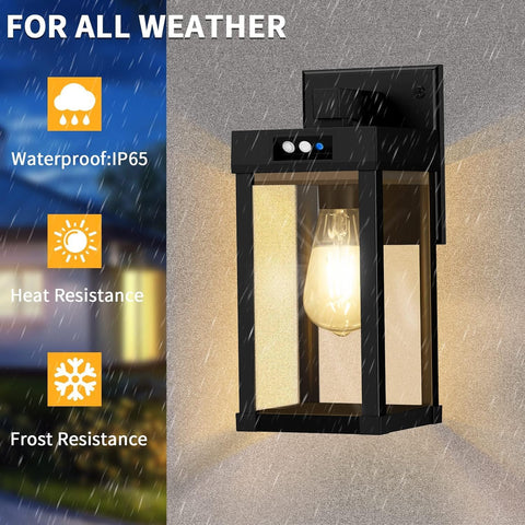 Outdoor wall light fixture with weather resistance features on a gray background