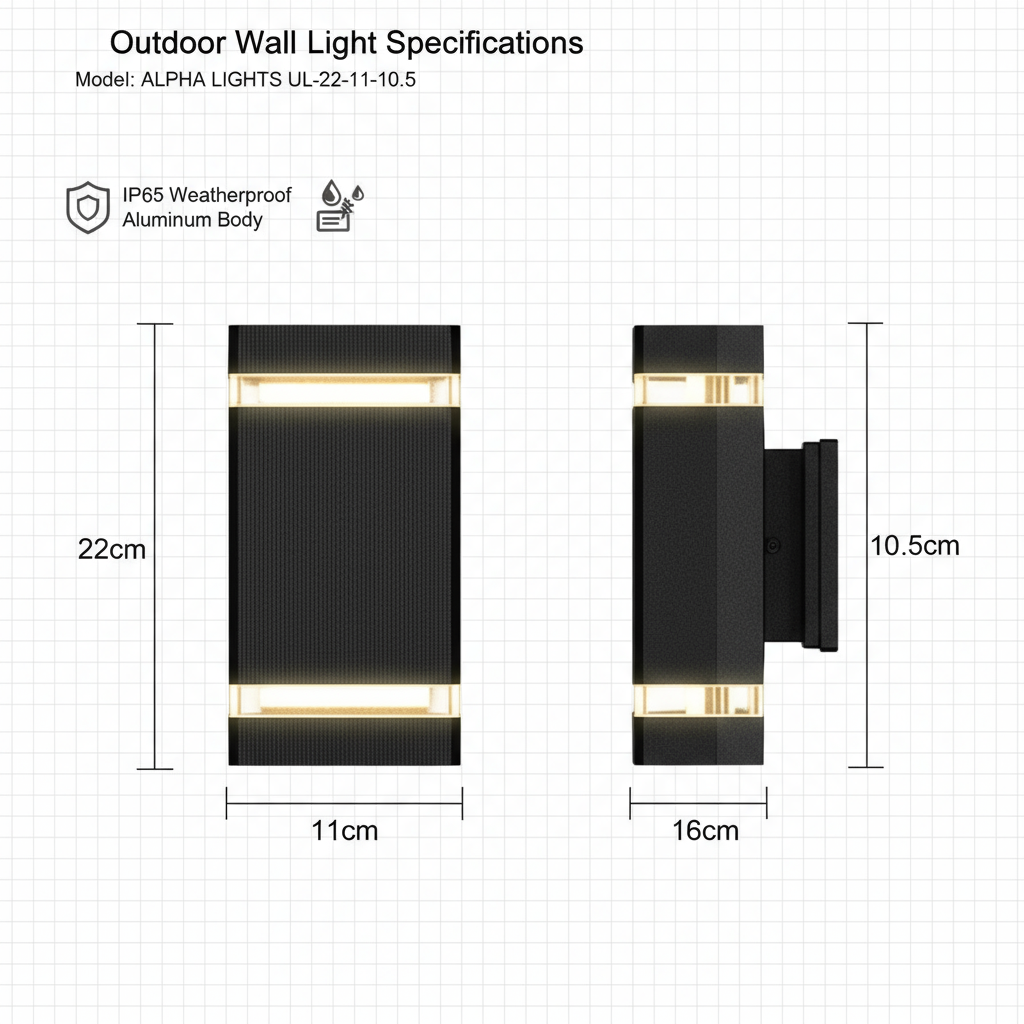Outdoor wall light specifications with dimensions and features on a grid background