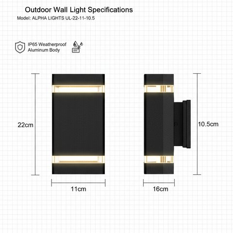 Outdoor wall light specifications with dimensions and features on a grid background