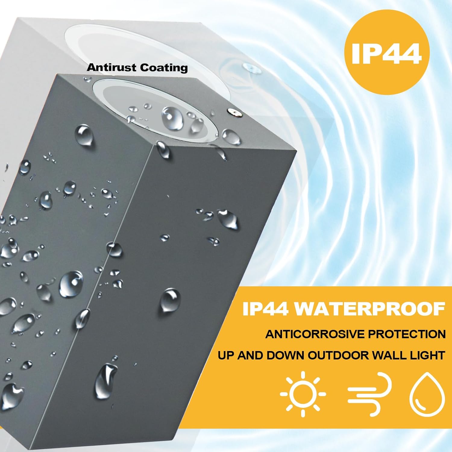 Outdoor wall light with water droplets and IP44 rating on a blue background