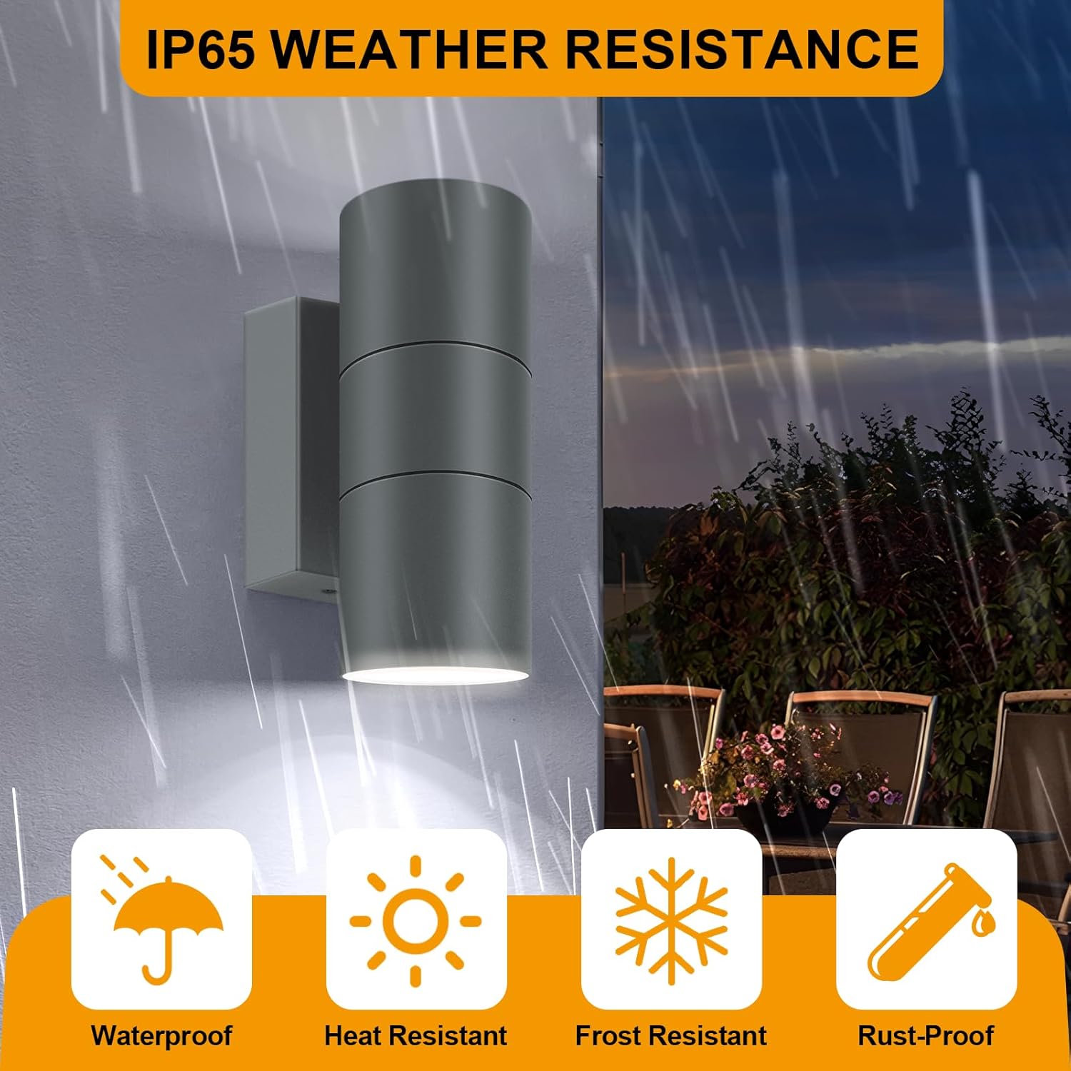 Outdoor wall light with IP65 weather resistance features, shown in rain with outdoor setting.