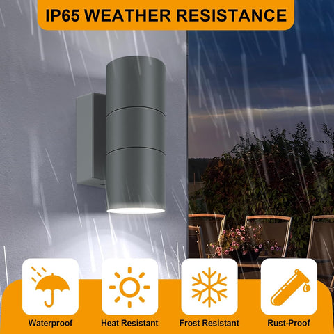 Outdoor wall light with IP65 weather resistance features, shown in rain with outdoor setting.