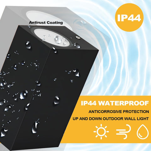 Outdoor wall light with water droplets and IP44 rating on a blue background