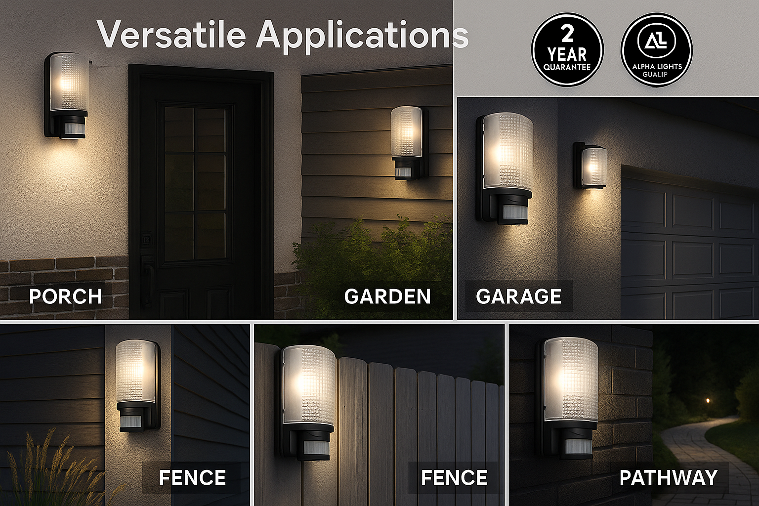 Outdoor wall lights demonstrating versatility in different settings with text indicating 'Versatile Applications' and '2 Year Guarantee'.