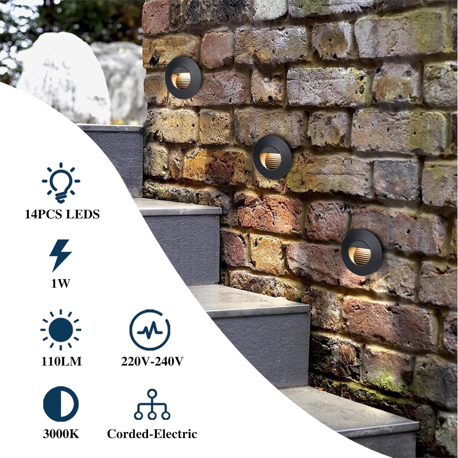 Outdoor wall lights mounted on a brick wall with technical specifications displayed.