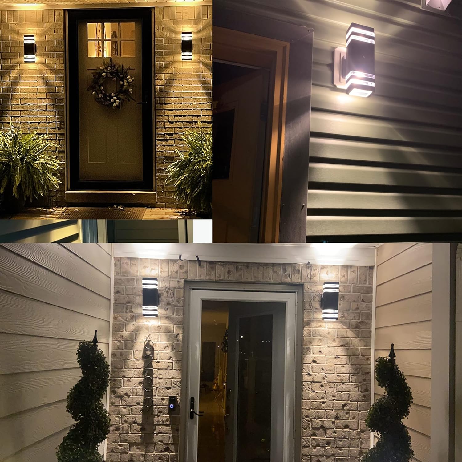 Outdoor wall lights on a brick wall and wooden siding.