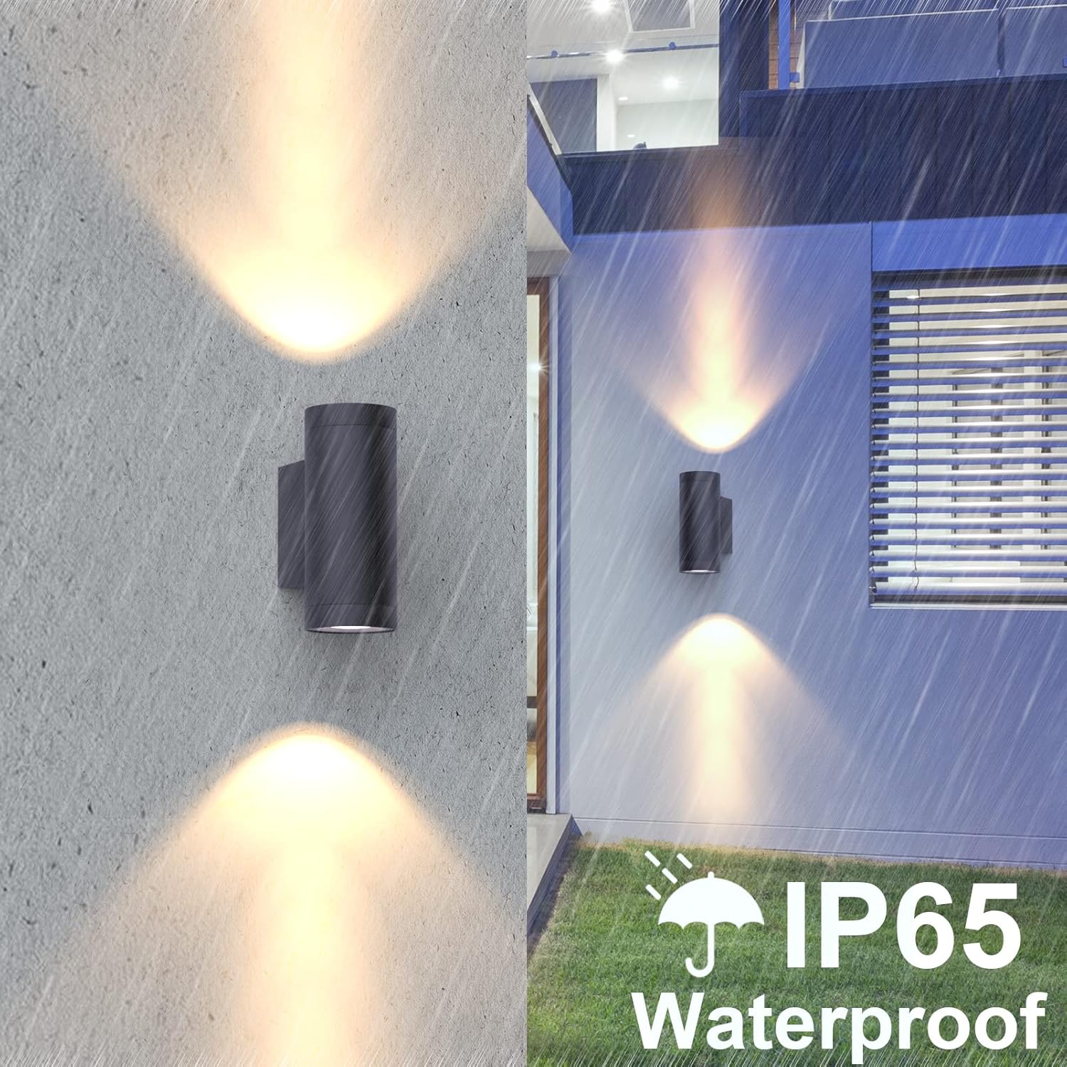 Outdoor wall lights on a concrete wall and house exterior with rain, featuring IP65 waterproof rating.