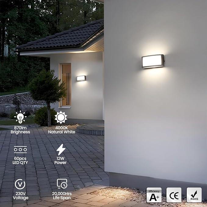 Outdoor wall lights on a house exterior with specifications displayed.