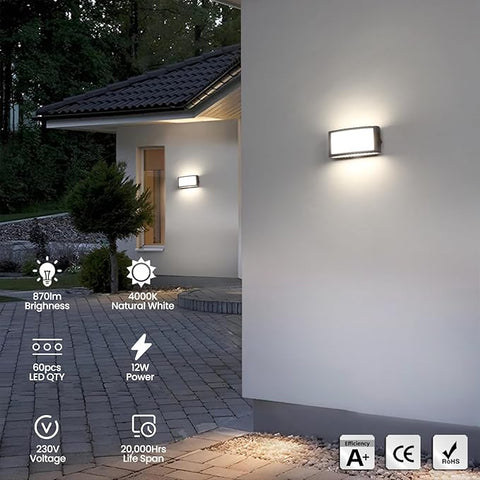 Outdoor wall lights on a house exterior with specifications displayed.