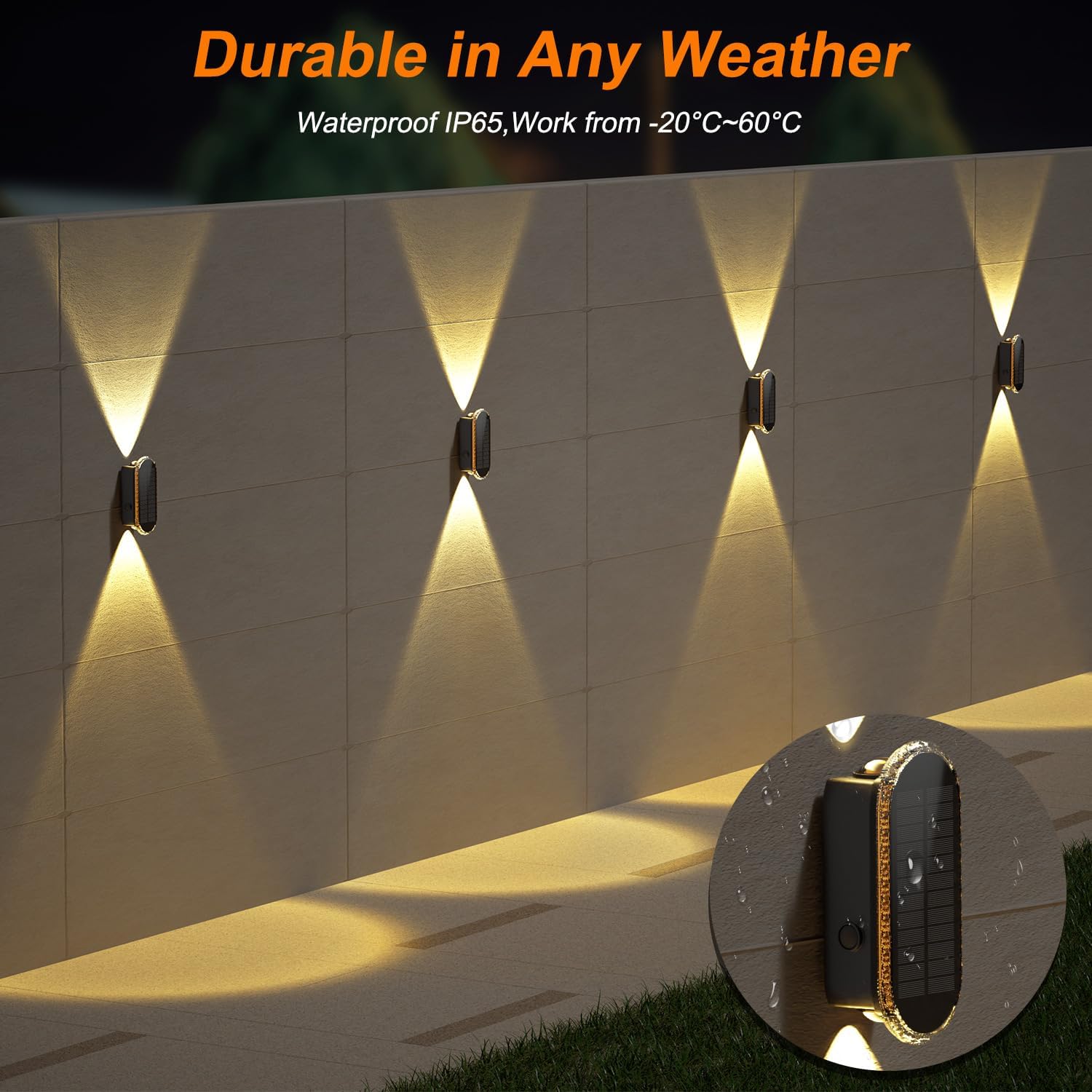 Outdoor wall lights on a tiled wall with text about durability and temperature range.