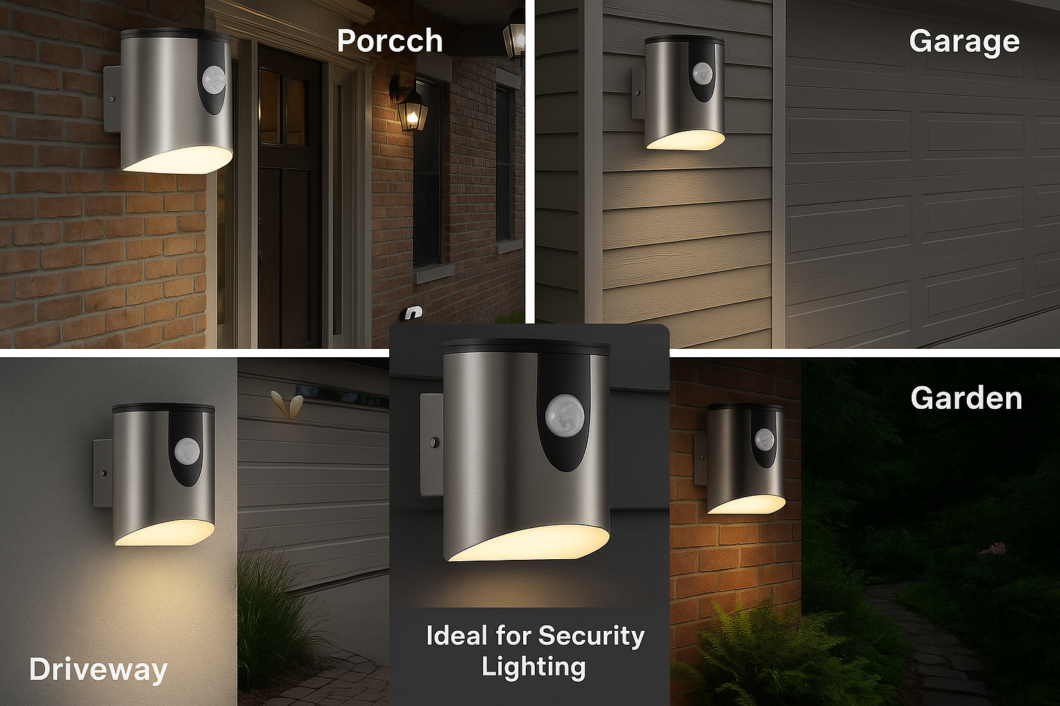Outdoor wall lights shown in different settings with labels for porch, garage, driveway, and garden.