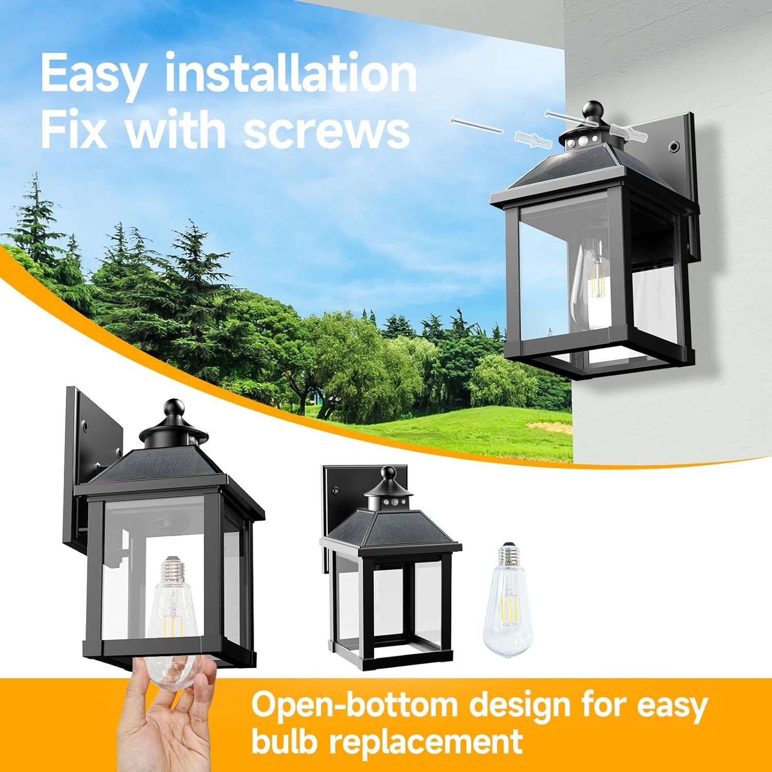 Outdoor wall lights with installation instructions and scenic background