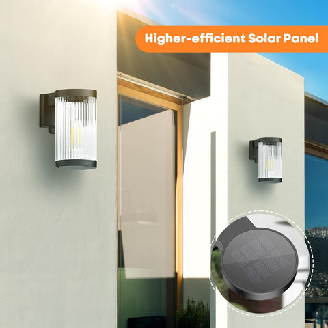 Outdoor wall lights with solar panel on a building exterior
