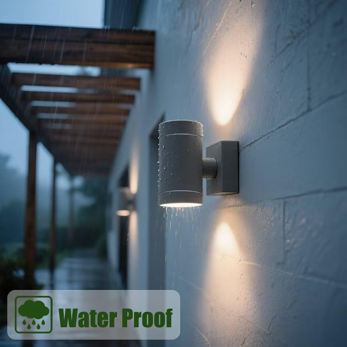 Outdoor wall light fixture on a building exterior with 'Water Proof' label.