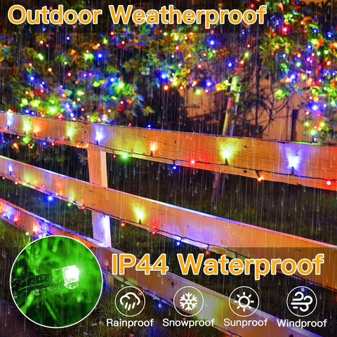 Outdoor weatherproof string lights with rain, snow, sun, and wind symbols on a balcony.