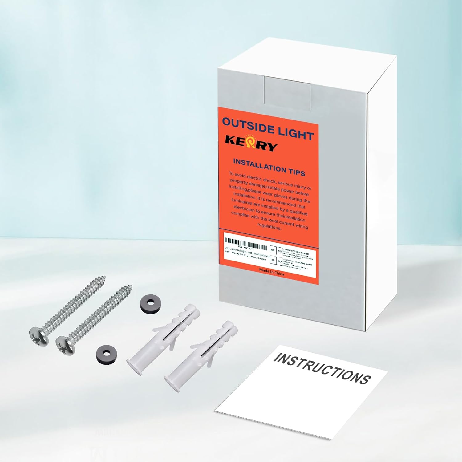  Outside Light installation kit with screws, washers, and instructions on a light blue background