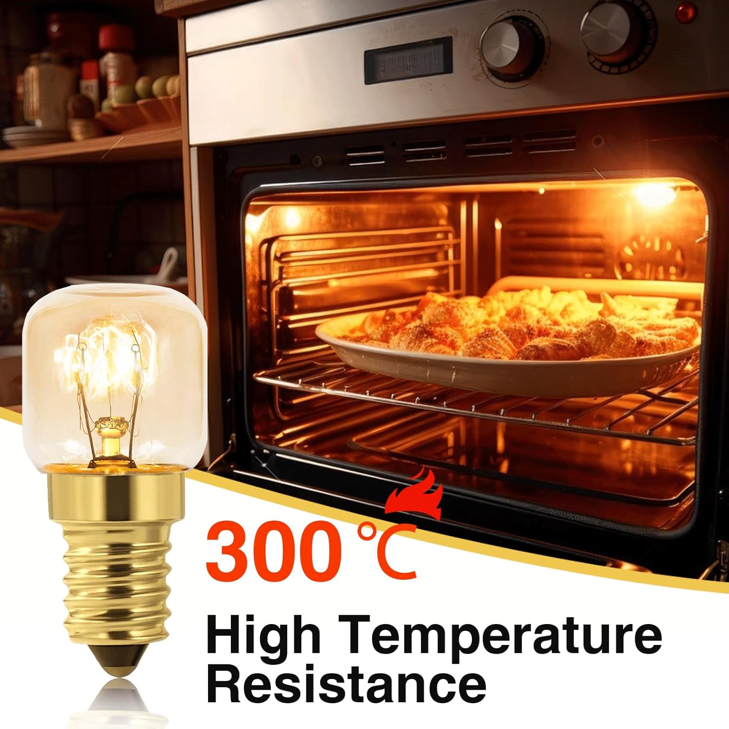 Oven with food inside, light bulb on the left, and text about high temperature resistance.