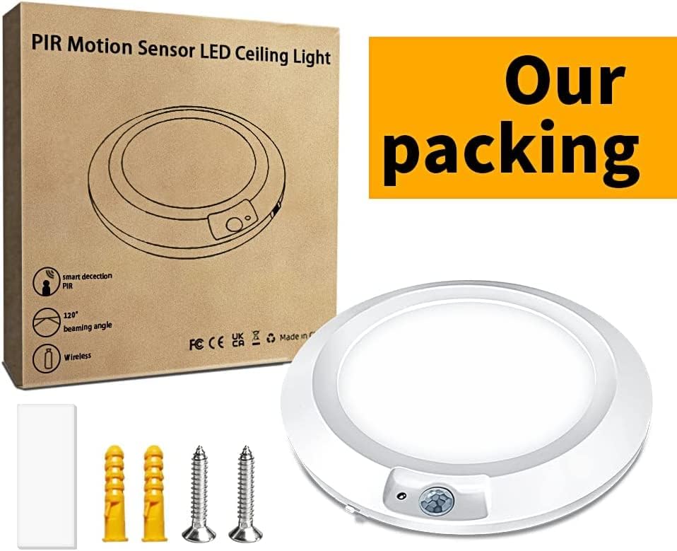 PIR Motion Sensor LED Ceiling Light with packaging and accessories on a white background