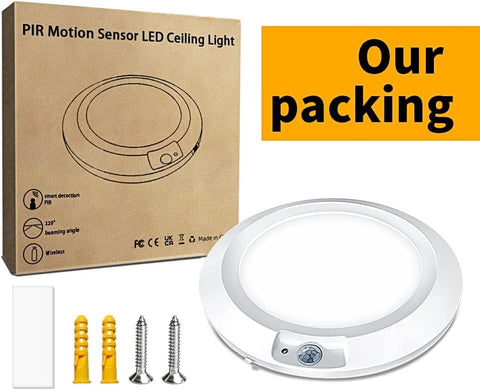 PIR Motion Sensor LED Ceiling Light with packaging and accessories on a white background
