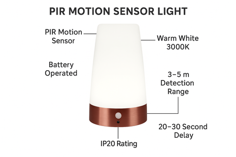 PIR Motion Sensor Light with labeled features on a white background