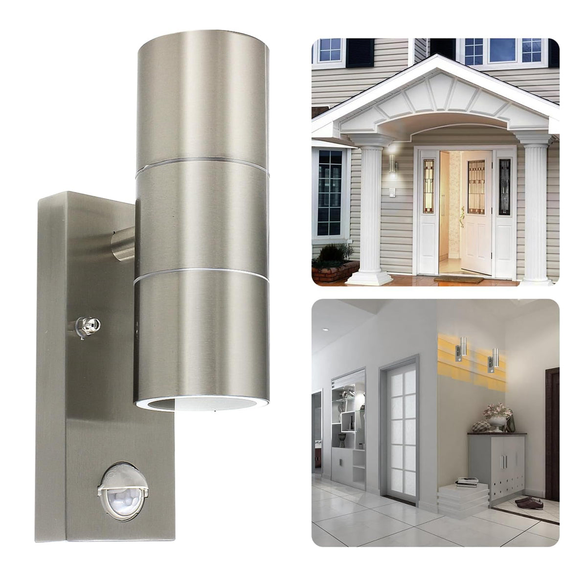 PIR Sensor Silver Steel Up/Down Outdoor Security Wall Light