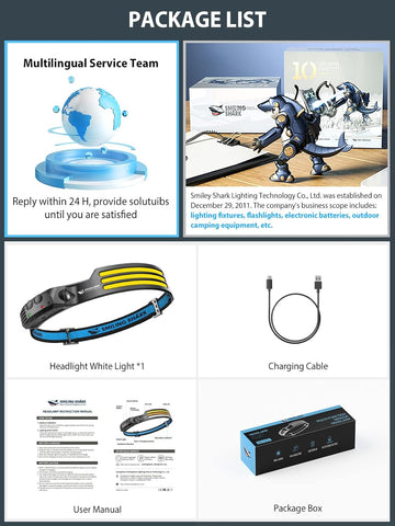 Package list with headlight, charging cable, user manual, and packaging box on a white background.