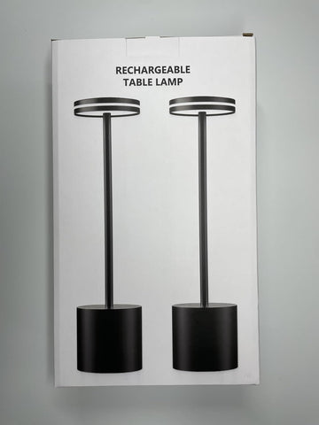 Packaging of a rechargeable table lamp with black design on a gray background