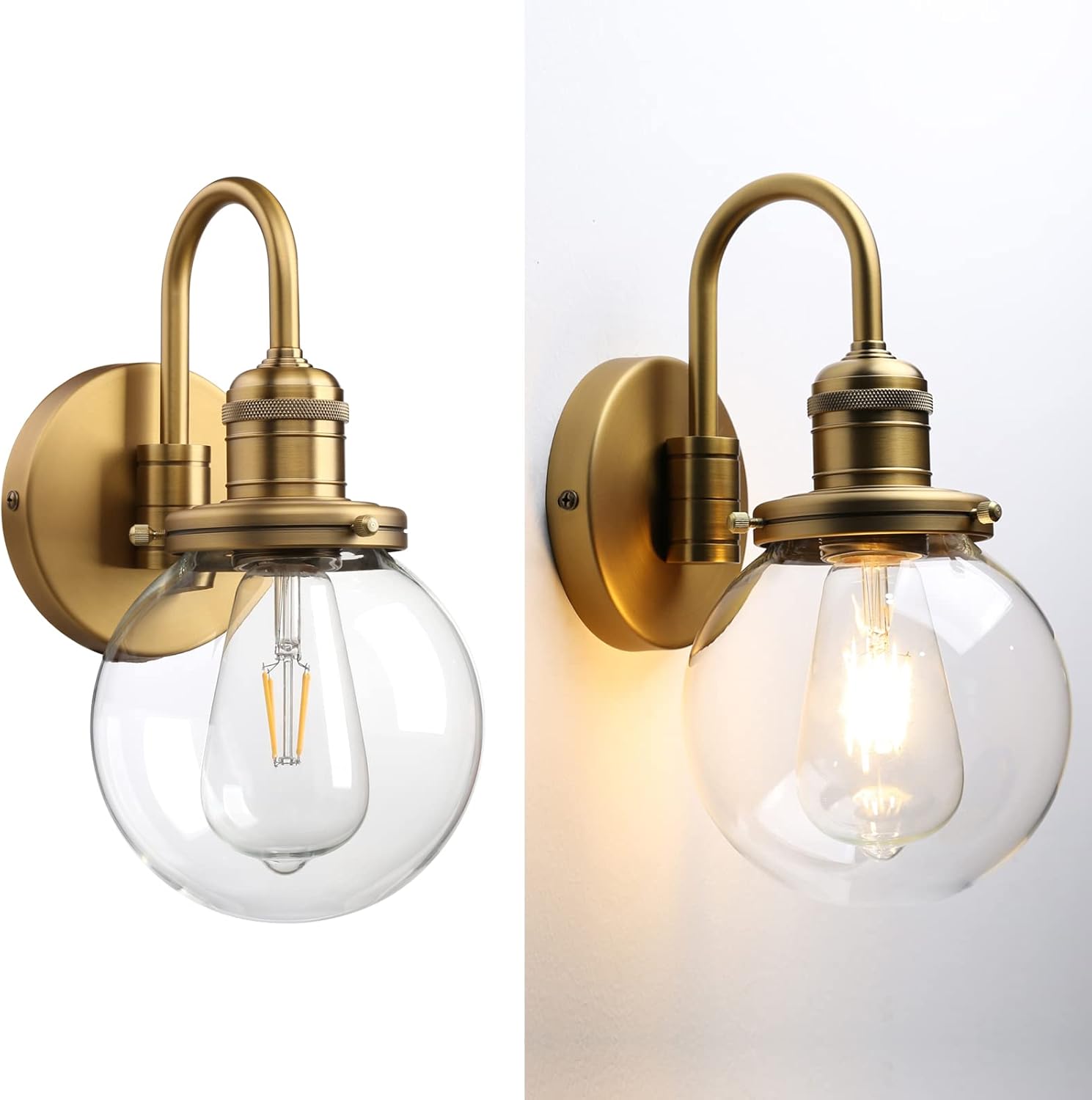 Pair of gold wall sconces with clear glass bulbs on a white background