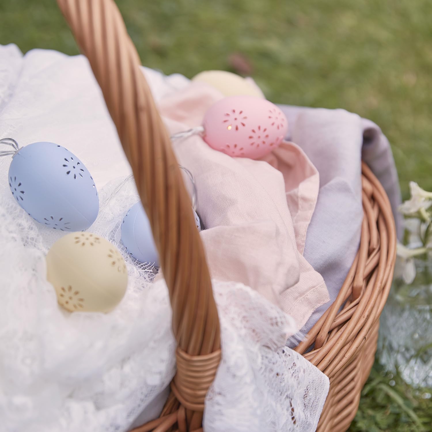 Pastel Easter egg LED lights draped along mantel or shelf