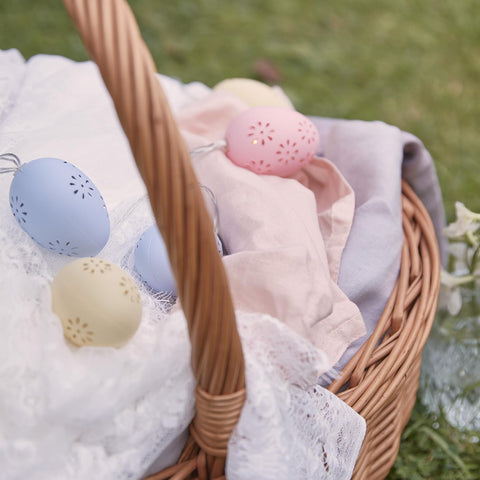 Pastel Easter egg LED lights draped along mantel or shelf