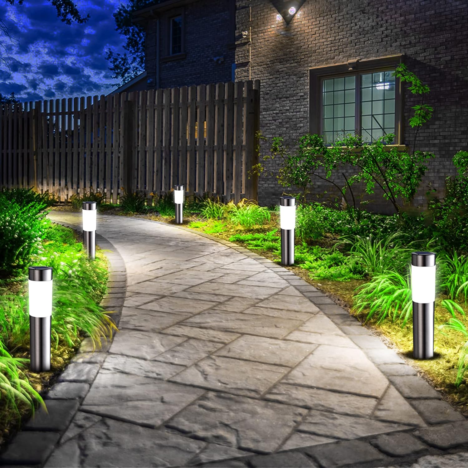 Pathway illuminated by solar-powered outdoor lights at night.