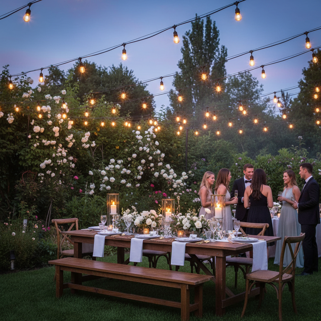 Outdoor festoon lights decorating patio area at night