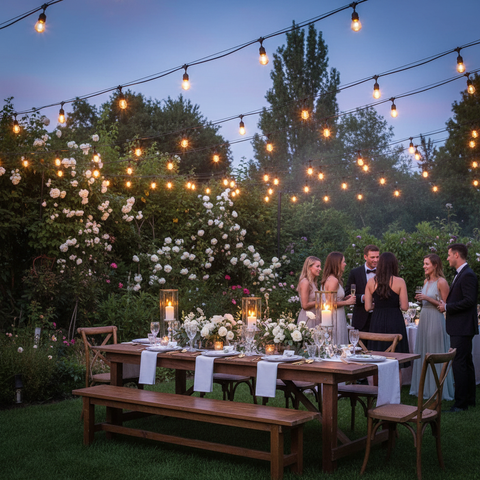 Outdoor festoon lights decorating patio area at night