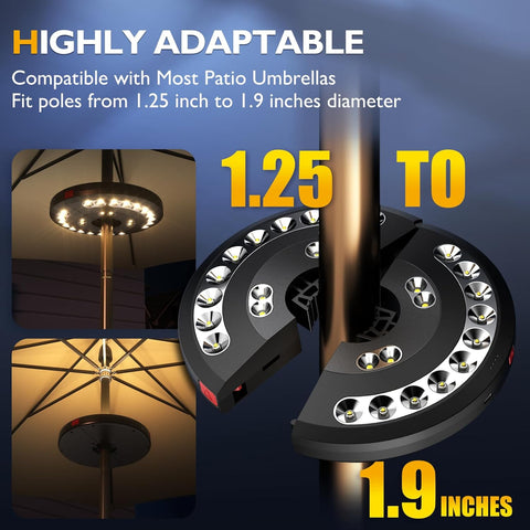 Patio umbrella light fixture with compatibility details on a dark background