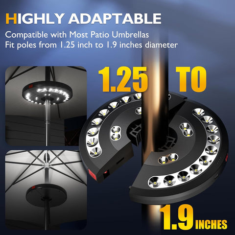 Patio umbrella pole with compatibility information on a dark background