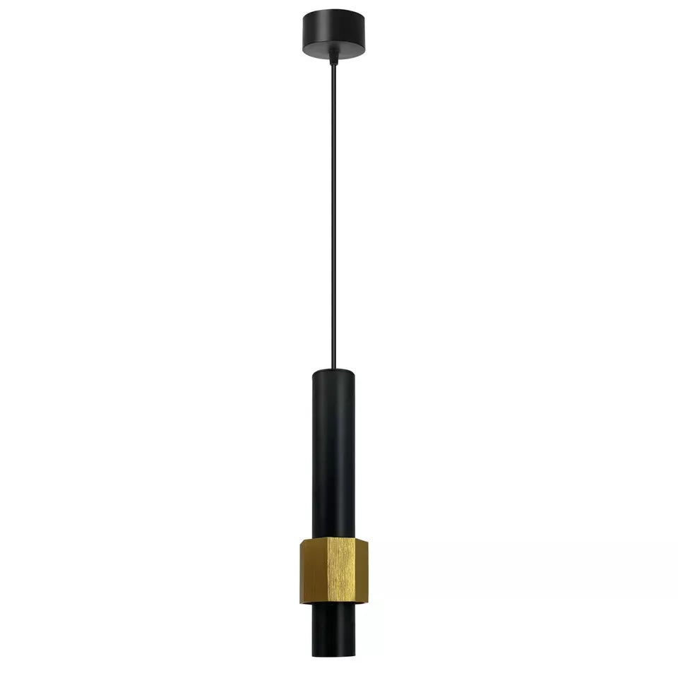 Minimalist black cylinder hanging lamp in a living room


