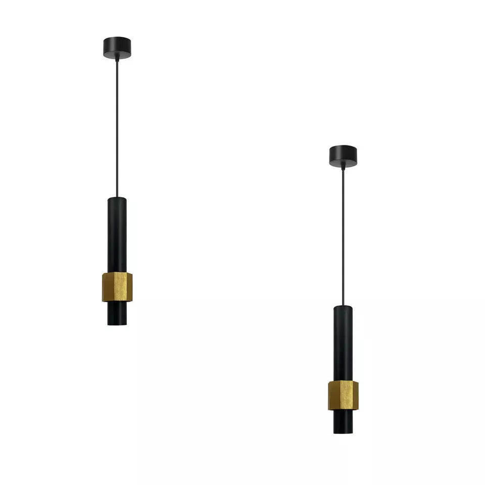 Black cylinder pendant light enhancing a modern workspace


