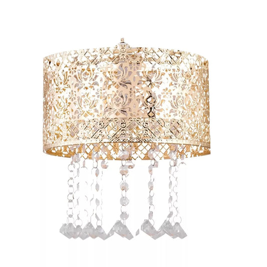 Pendant Light Shade in Shiny Gold Plating with Clear Hanging Acrylic Droplets | 22cm x 25cm | Intricately Designed Metalwork
