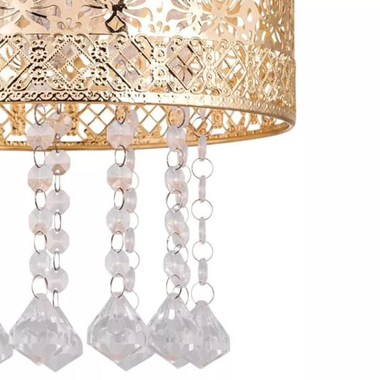 Pendant Light Shade in Shiny Gold Plating with Clear Hanging Acrylic Droplets | 22cm x 25cm | Intricately Designed Metalwork
