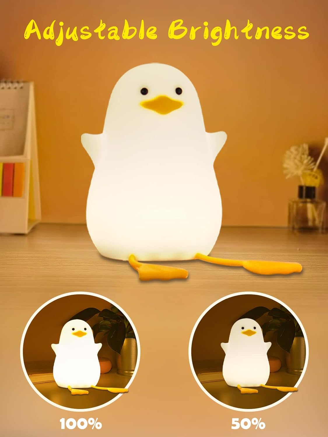 Penguin-shaped night light with adjustable brightness on a wooden surface.
