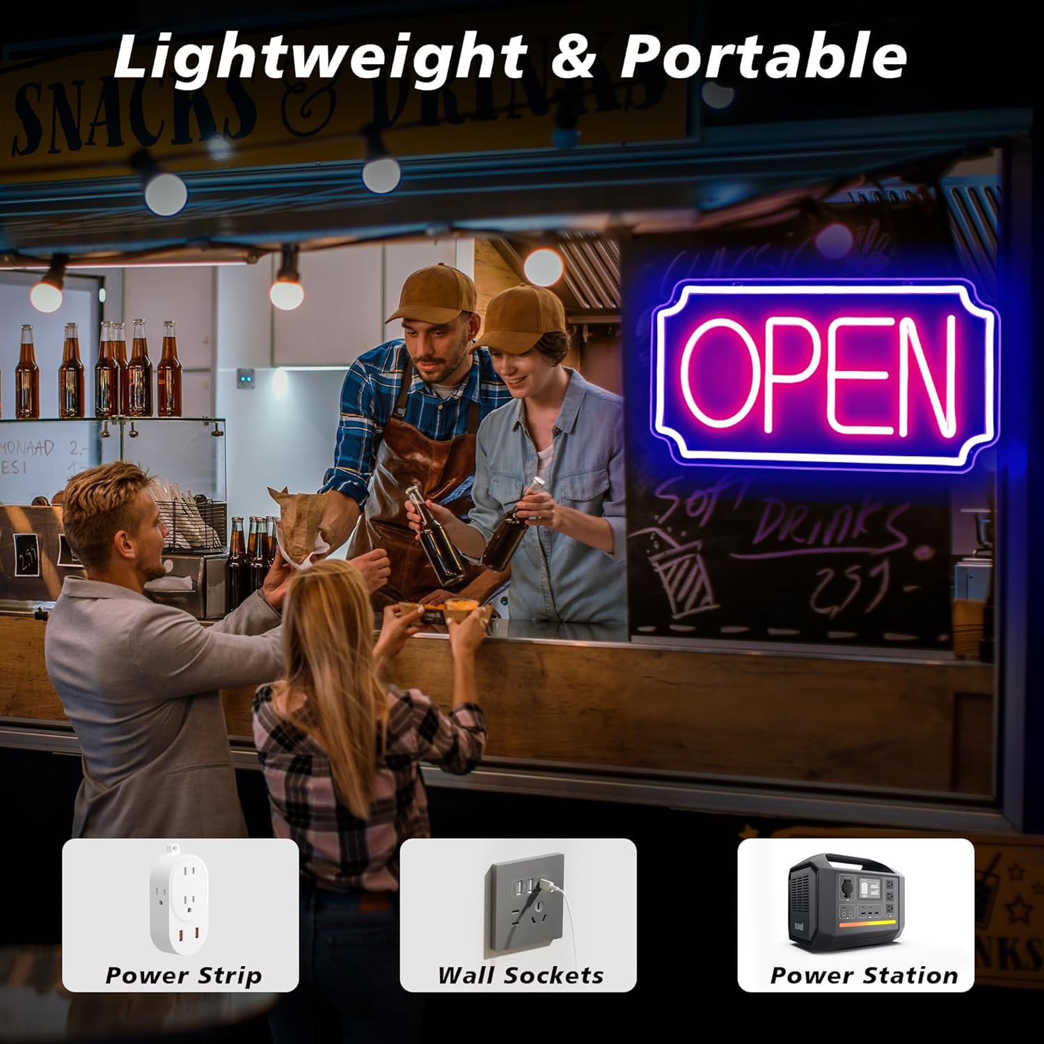 People at a bar with a neon 'Open' sign, featuring power strip, wall sockets, and power station icons.