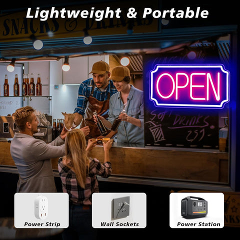 People at a bar with a neon 'Open' sign, featuring power strip, wall sockets, and power station icons.