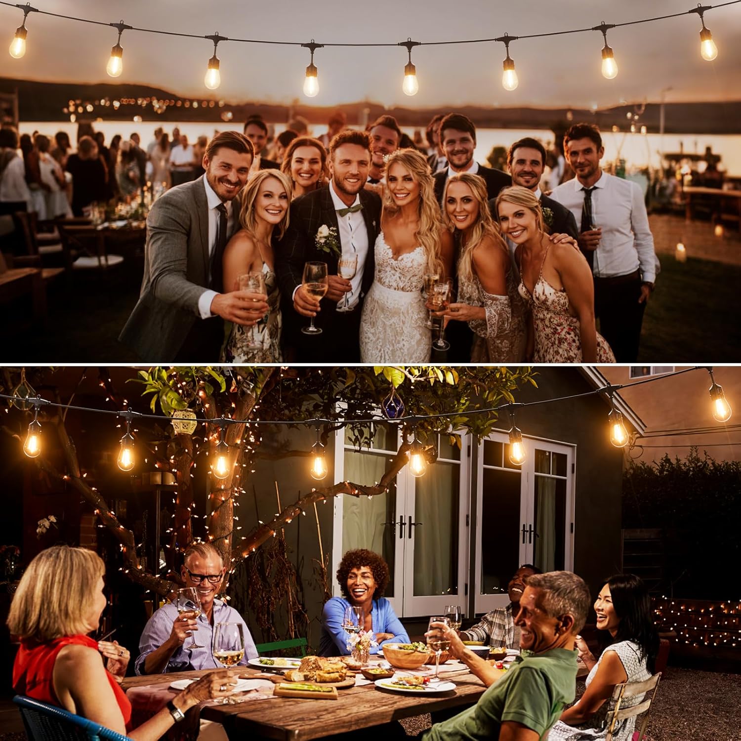 People celebrating outdoors with string lights and a wedding couple in the center.