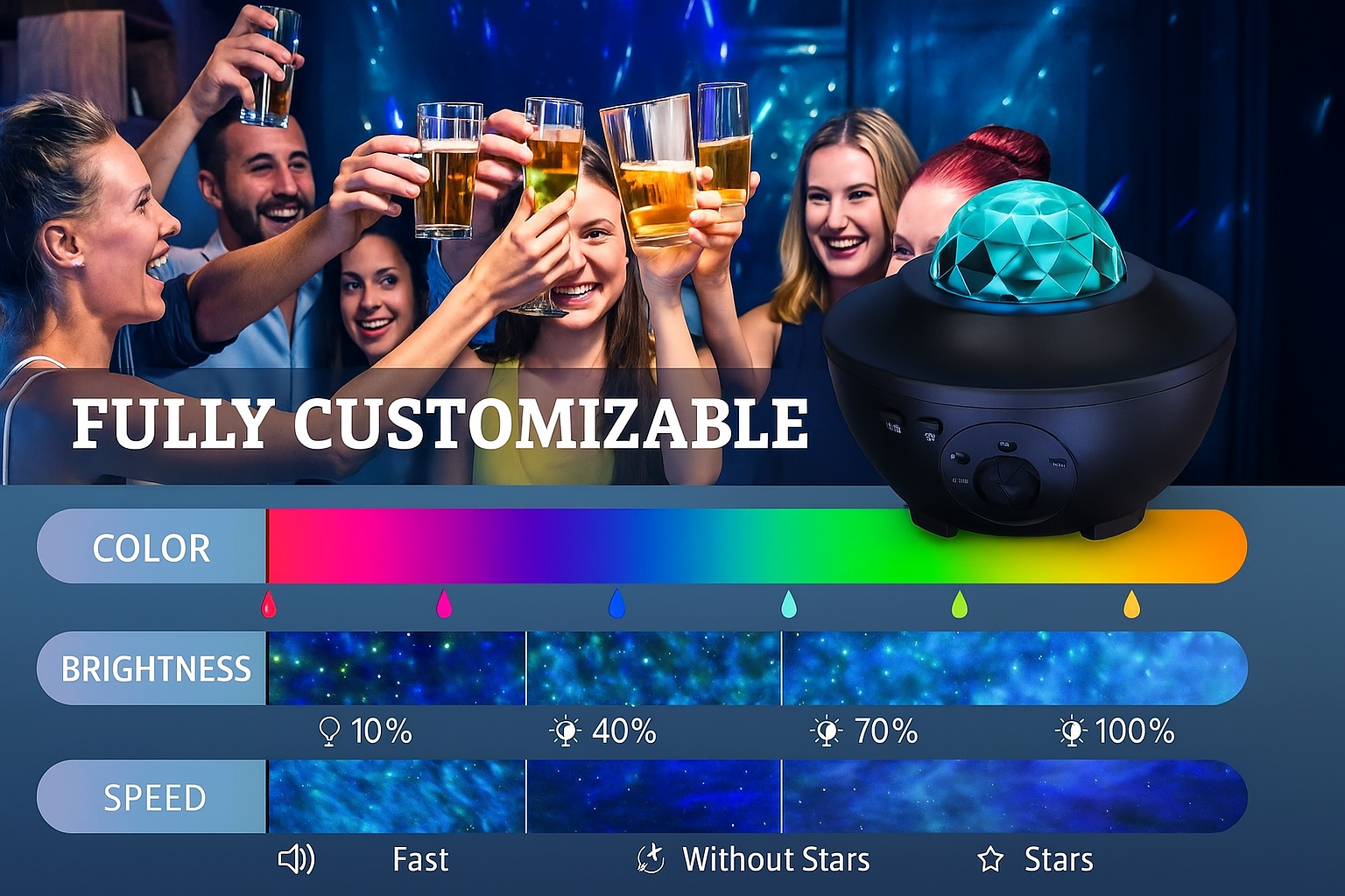 People celebrating with drinks and a colorful light projector in the background, with customization options displayed.