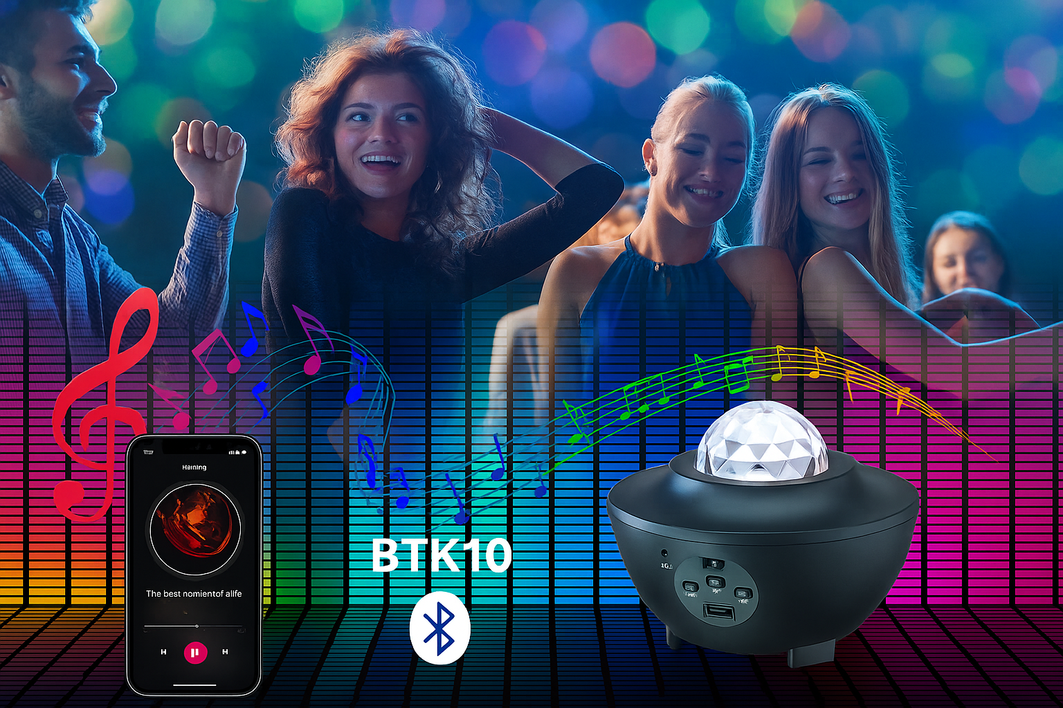 People dancing with a Bluetooth light show device and smartphone app interface.