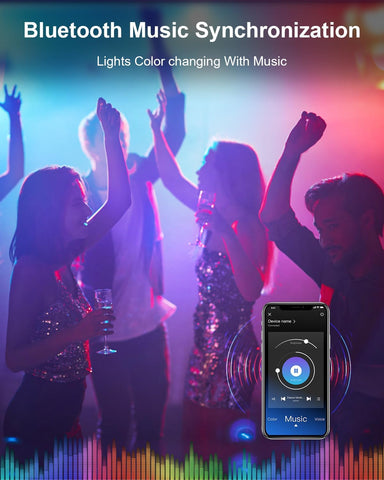People dancing with colorful lights and a smartphone app interface on a dark background