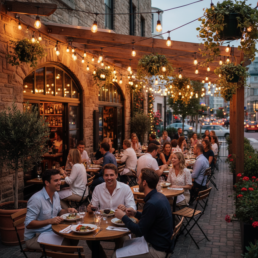 People dining outdoors at a restaurant with string lights and brick walls.