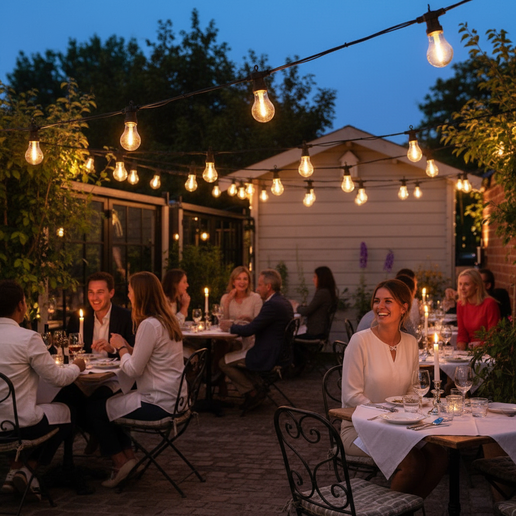 People dining outdoors at night with string lights illuminating the area.