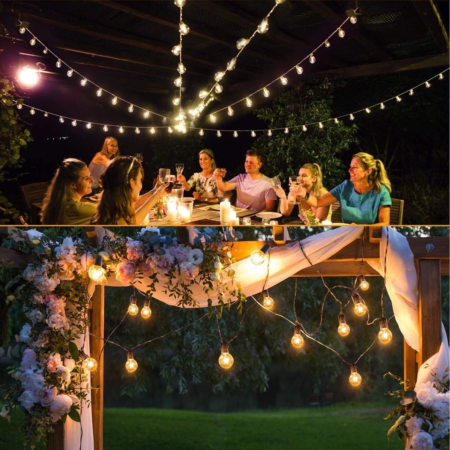 People enjoying a meal outdoors under string lights with floral decorations.