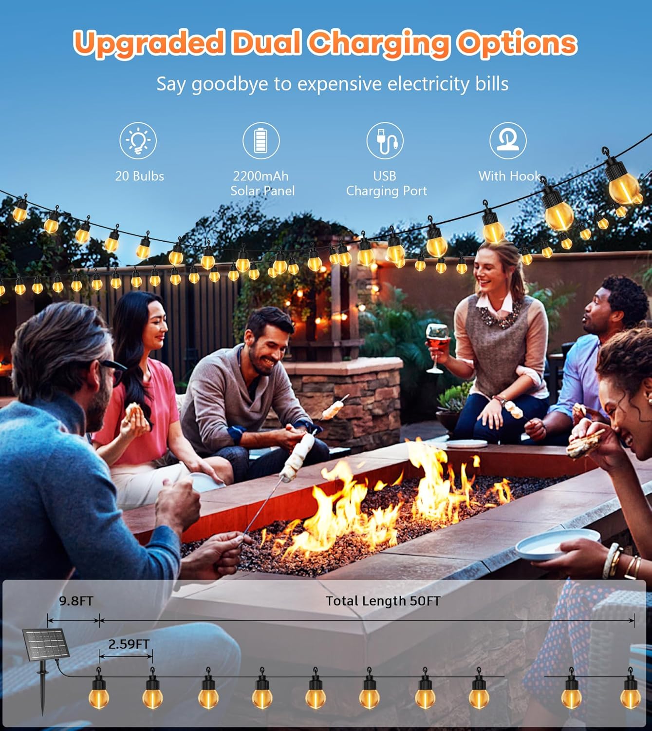 People gathered around a fire pit with outdoor lighting system, featuring upgraded dual charging options.